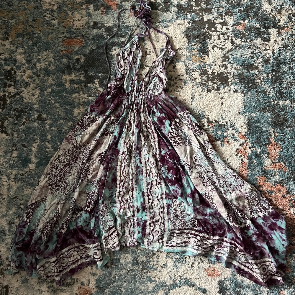 Embroidered Boutique Boho Tie Dye Dress with tie straps